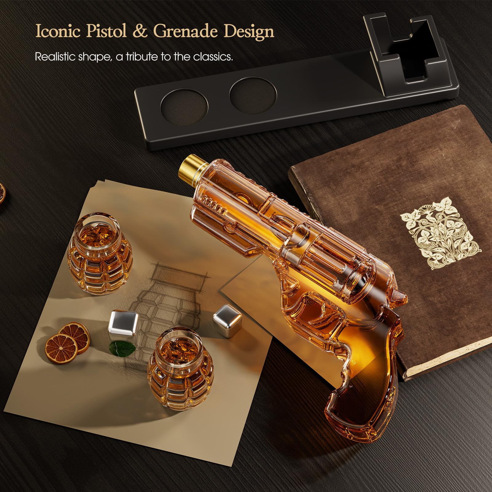Kollea pistol-shaped decanter lid with flag print close-up, bold design.
