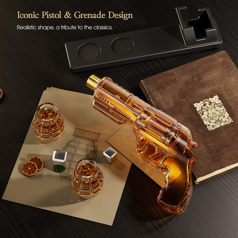 Kollea pistol-shaped decanter lid with flag print close-up, bold design.