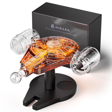 Kollea spaceship decanter on wooden base enhances your home bar ambiance.