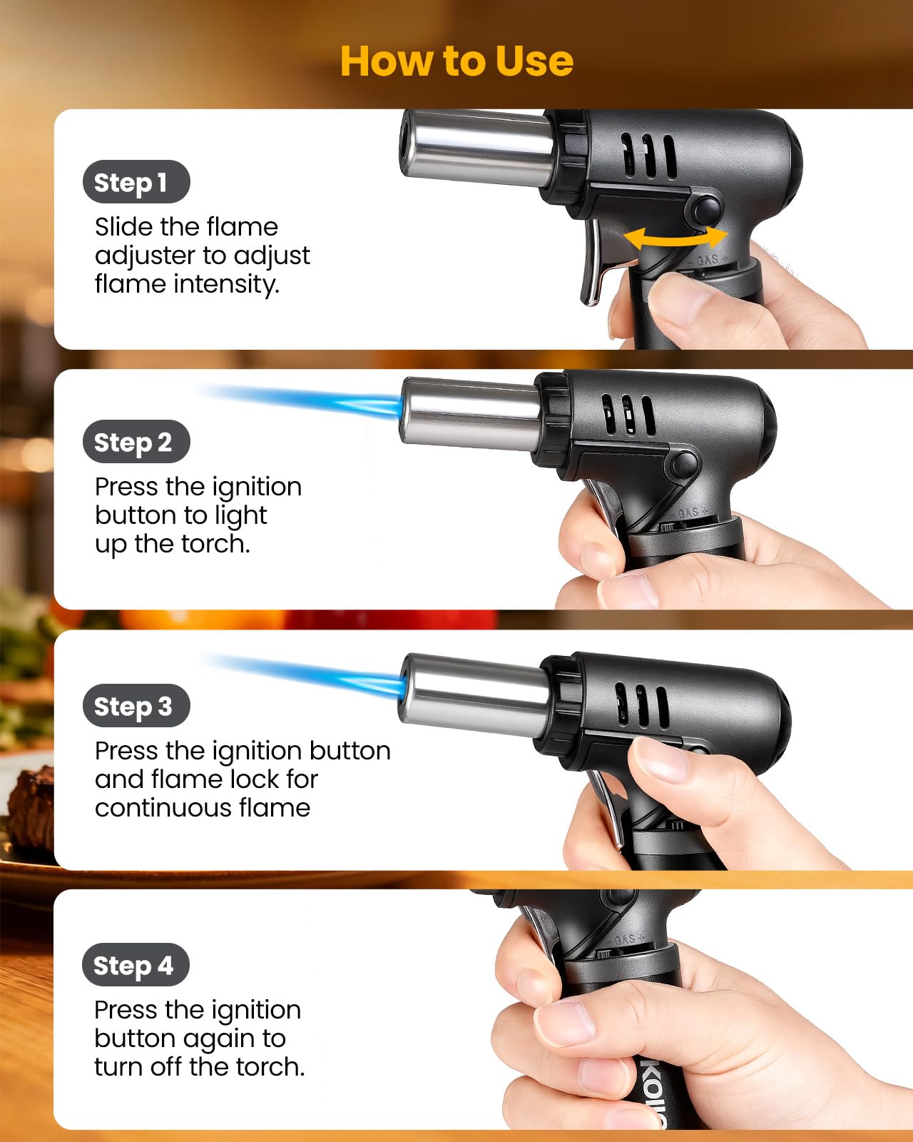 Kollea T907 wide base keeps the torch stable on a surface.