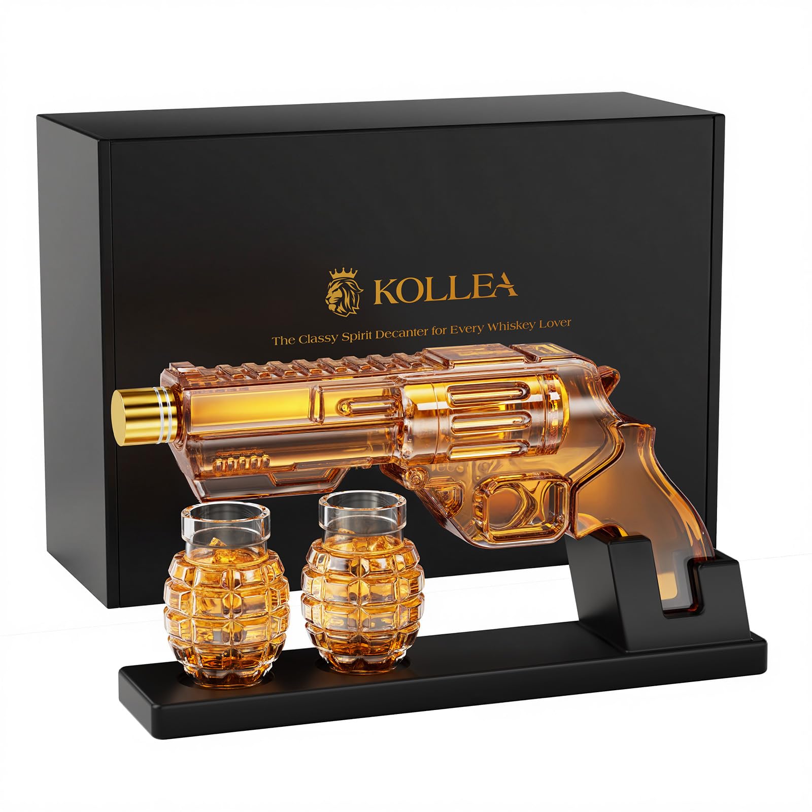 Kollea whiskey decanter with grenade glasses on display, showcasing clarity and craftsmanship.
