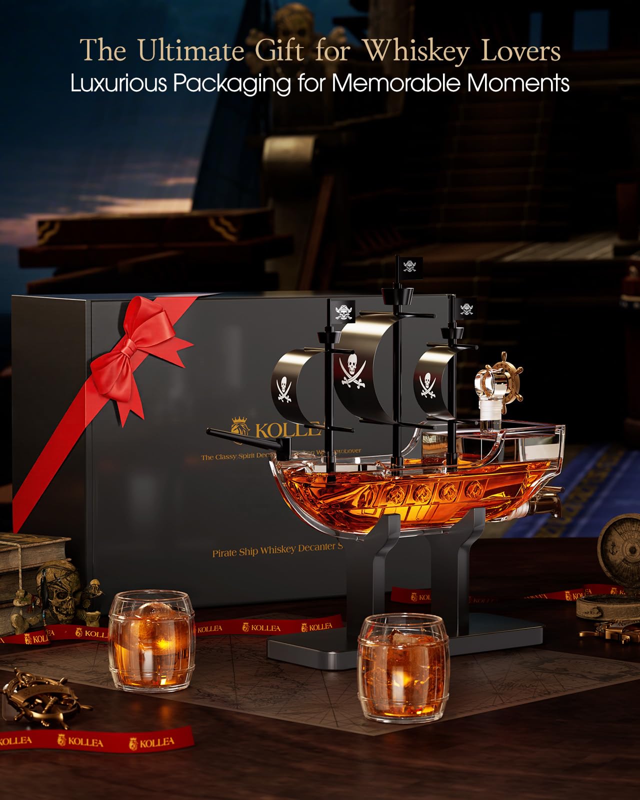 Kollea whiskey pour from pirate ship decanter for a refined tasting.