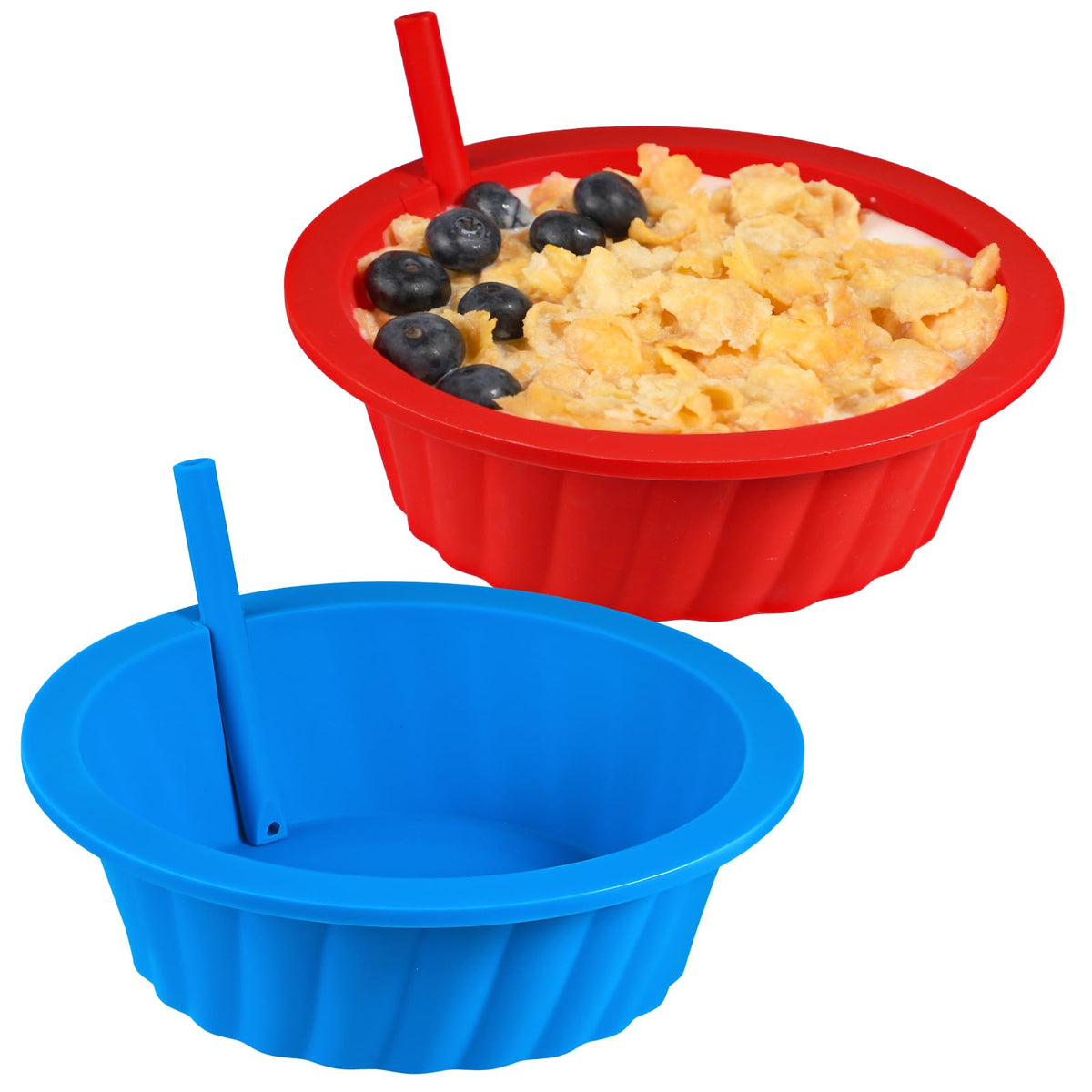KOLUTI silicone bowls with straws set 2 for mess-free breakfast serving.