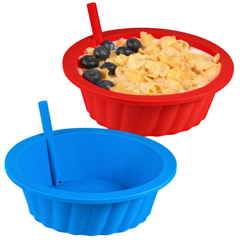 KOLUTI silicone bowls with straws set 2 for mess-free breakfast serving.
