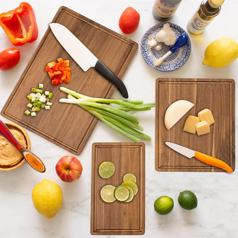 KOLWOVEN acacia cutting board dual-sided use for meats and vegetables.