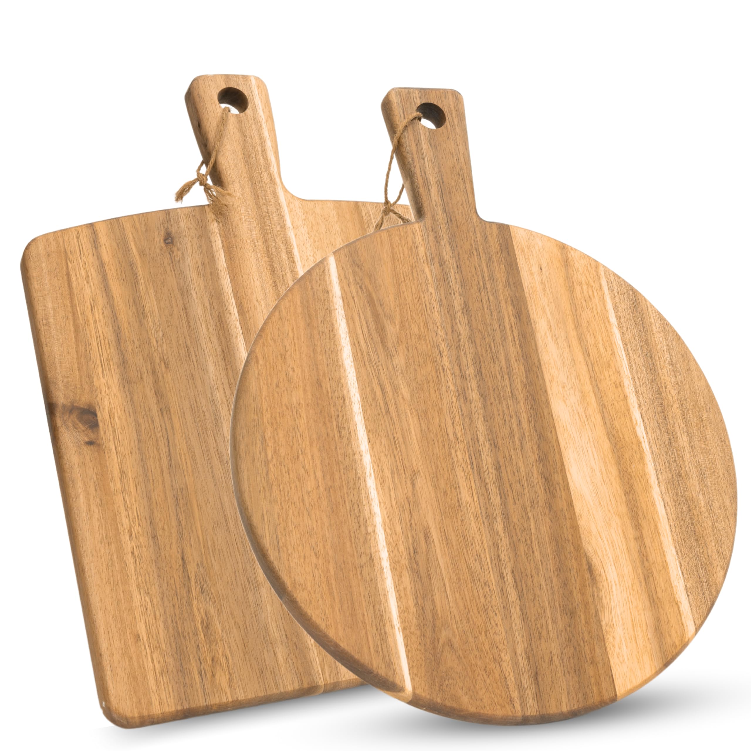 KOLWOVEN round acacia cutting board with handle ready for serving