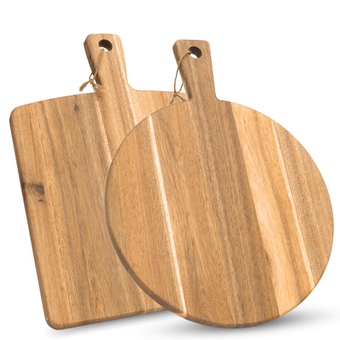 KOLWOVEN round acacia cutting board with handle ready for serving