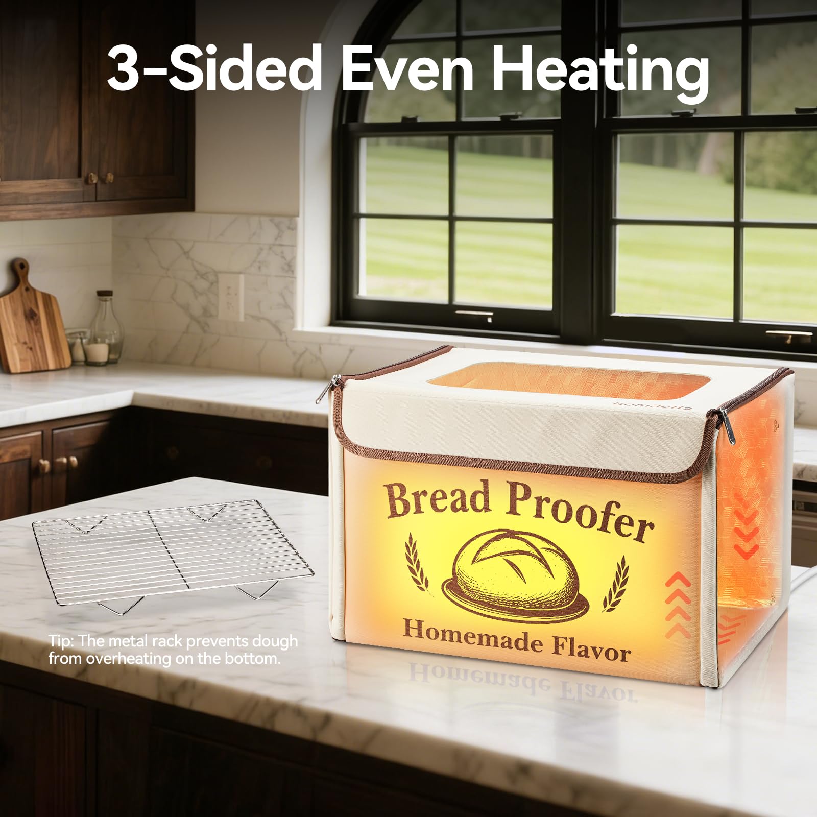 KOMBELLA proofing box heating zones image illustrating even warmth across front, back, and bottom