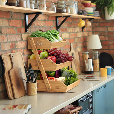 KOMFORA bamboo countertop stand with detachable hooks for hanging bananas or towels.