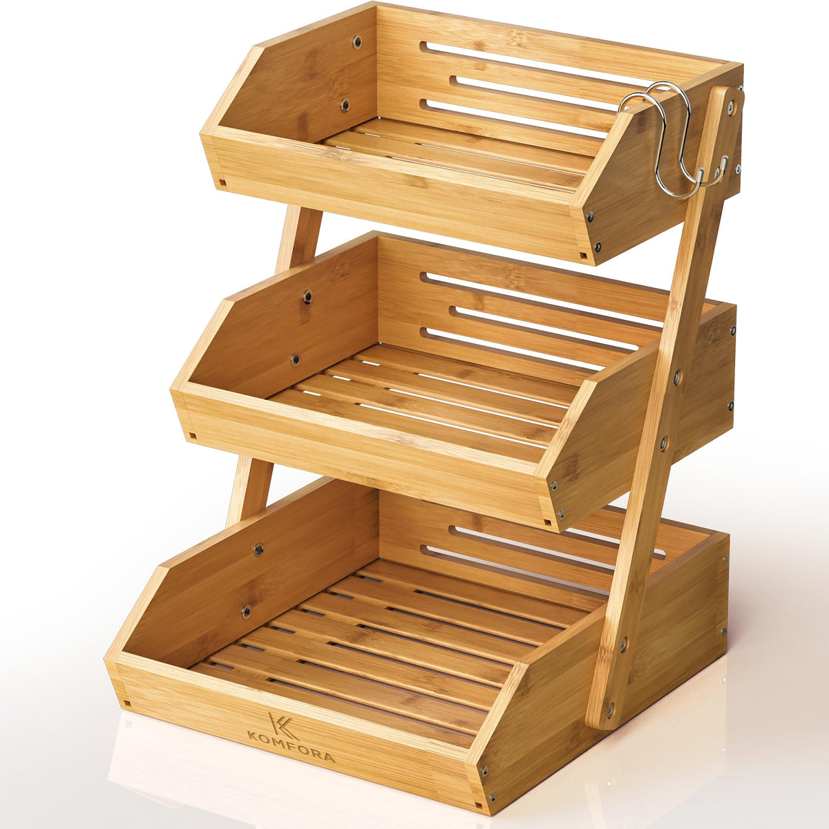 KOMFORA 3-tier bamboo fruit basket ready for counter assembly to save space.
