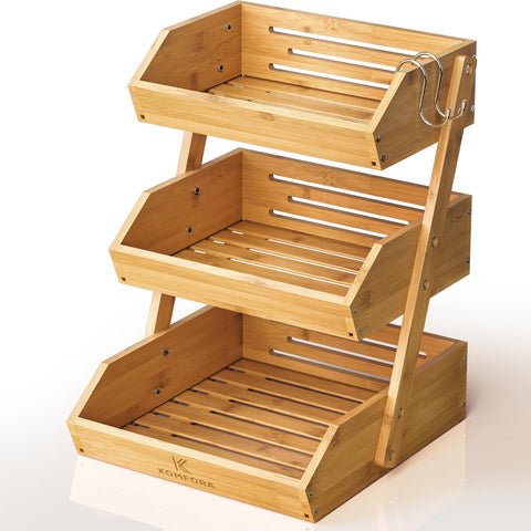 KOMFORA 3-tier bamboo fruit basket ready for counter assembly to save space.