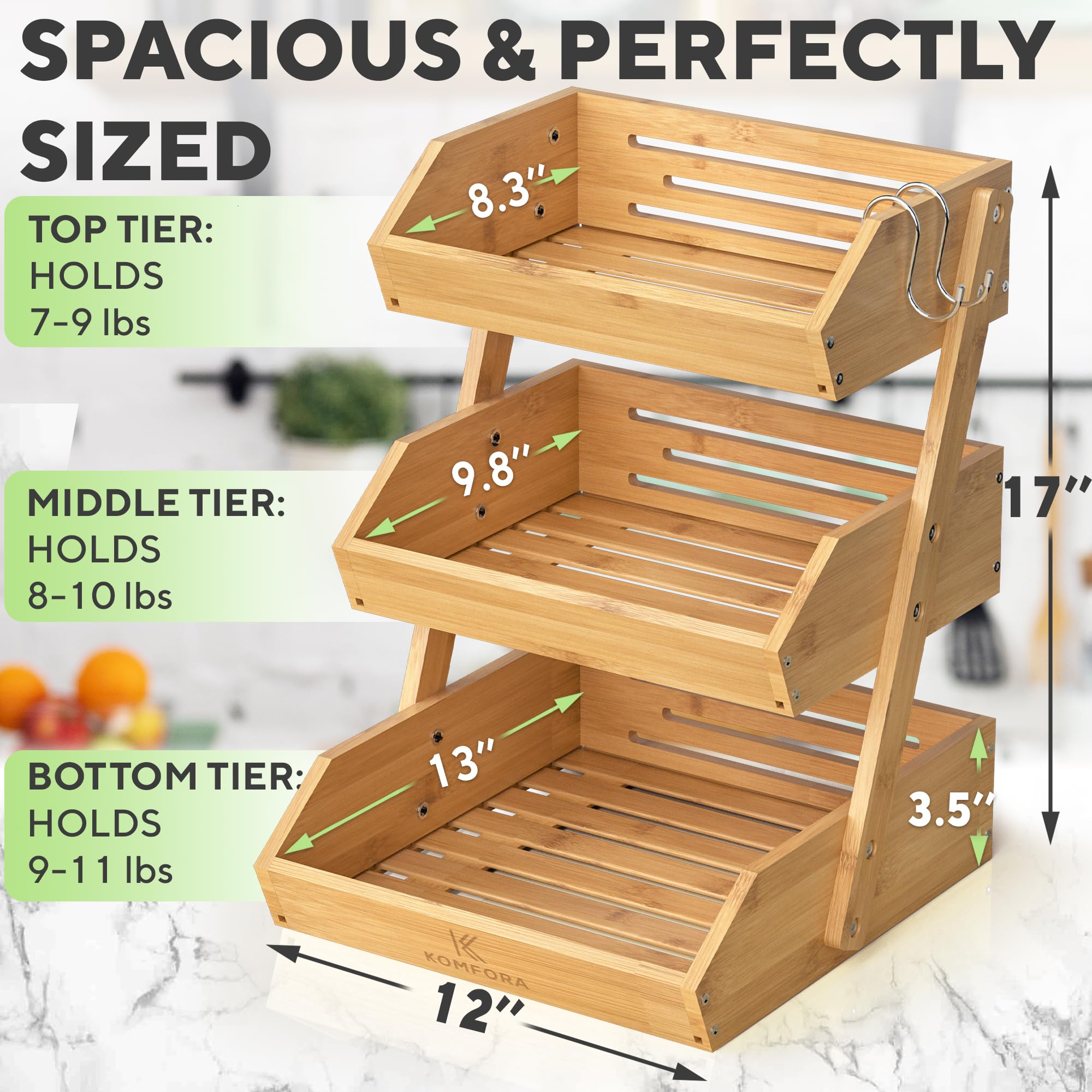 KOMFORA fruit basket with non-slip pads stays secure on the kitchen counter.