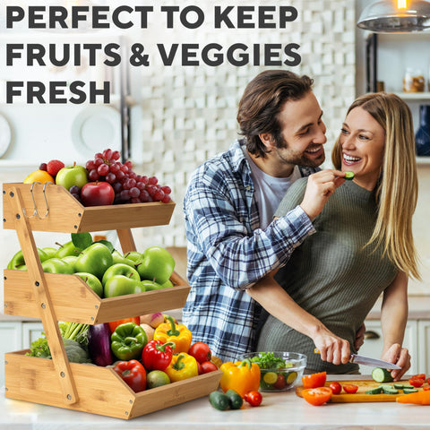 KOMFORA bamboo fruit stand with two hangers keeps bananas neatly accessible.