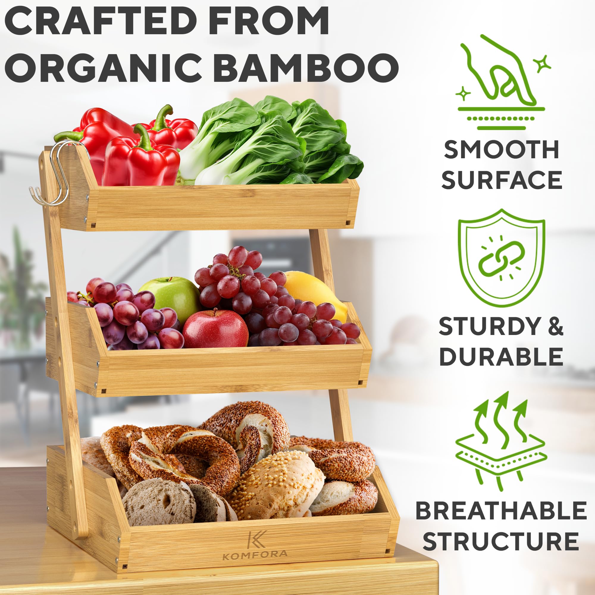 KOMFORA easy-clean bamboo stand—wipe with damp cloth and air dry.
