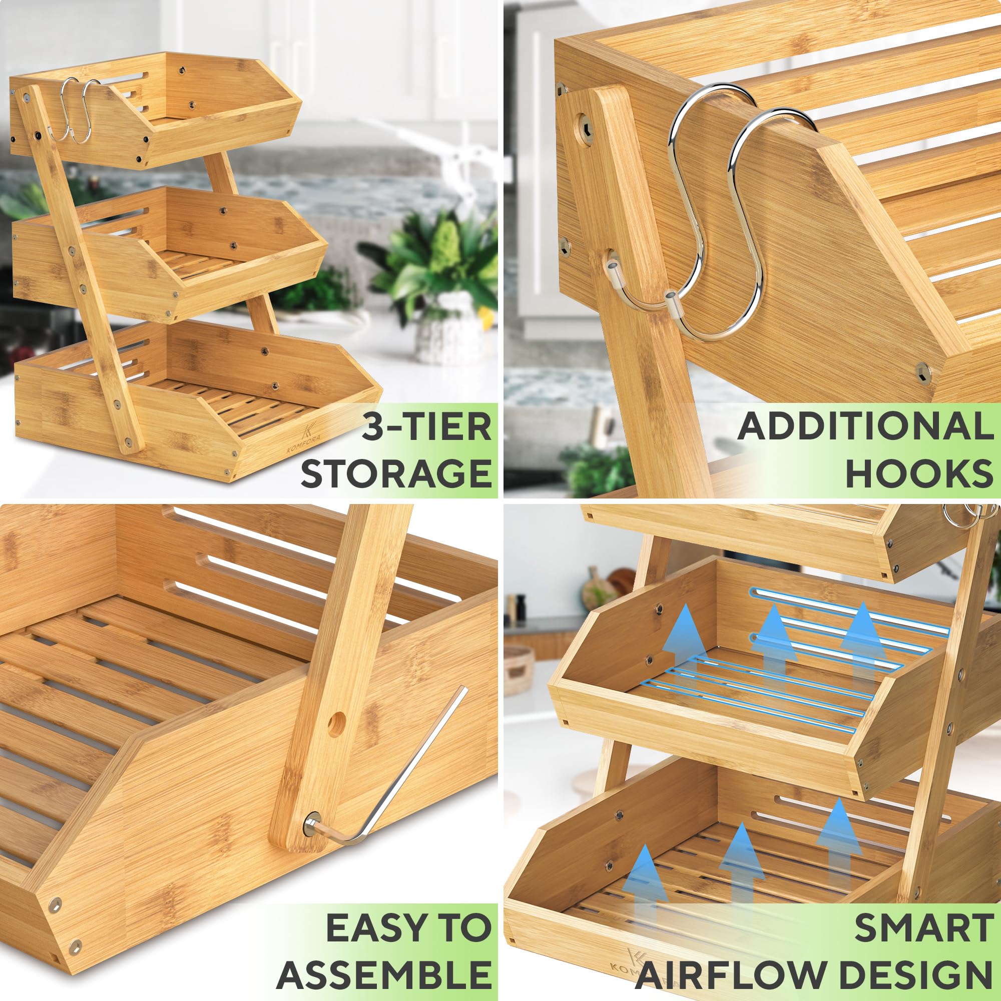 KOMFORA versatile storage for fruits, vegetables, bread, and snacks on the counter.