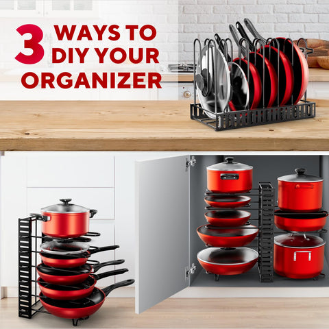 KOMFORA adjustable dividers show customizable spacing for lids and cookware.