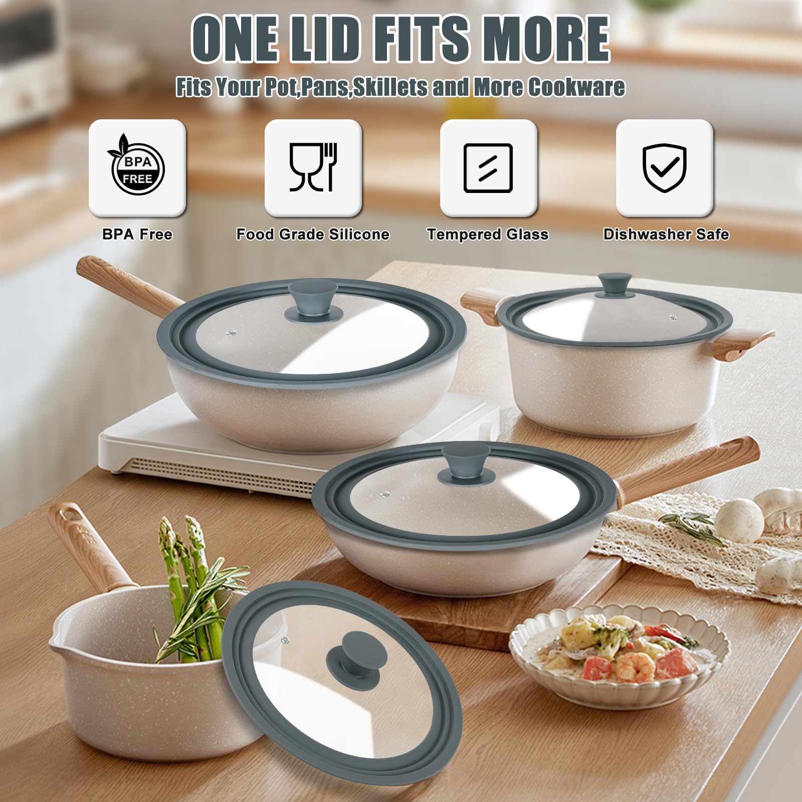 Komokeru universal lid tempered glass closeup highlights clear visibility during cooking.