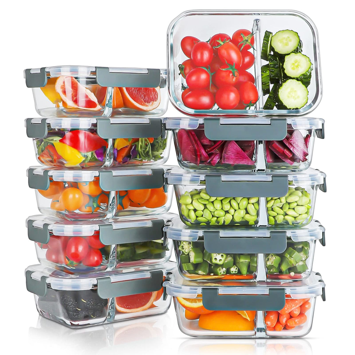 KOMUEE 10-pack glass containers with two compartments for meal prep and portion control.