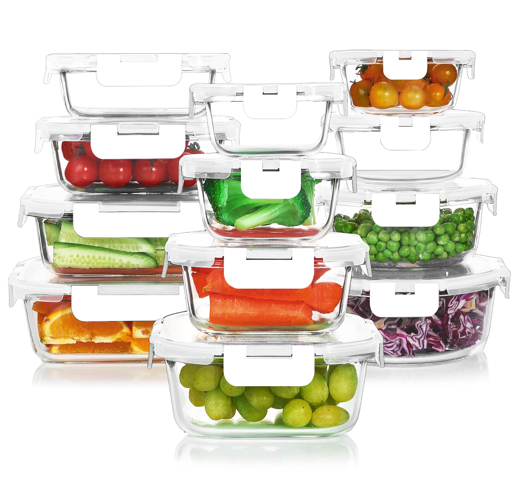 KOMUEE 24-piece glass storage set shown together for versatile meal prep and organization.