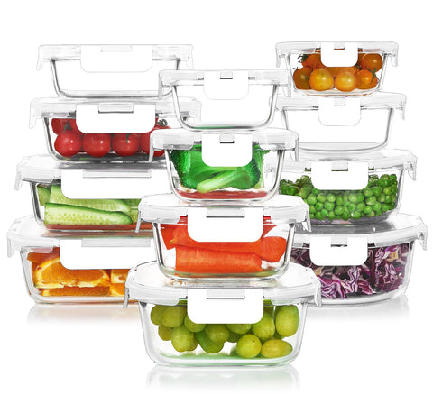 KOMUEE 24-piece glass storage set shown together for versatile meal prep and organization.