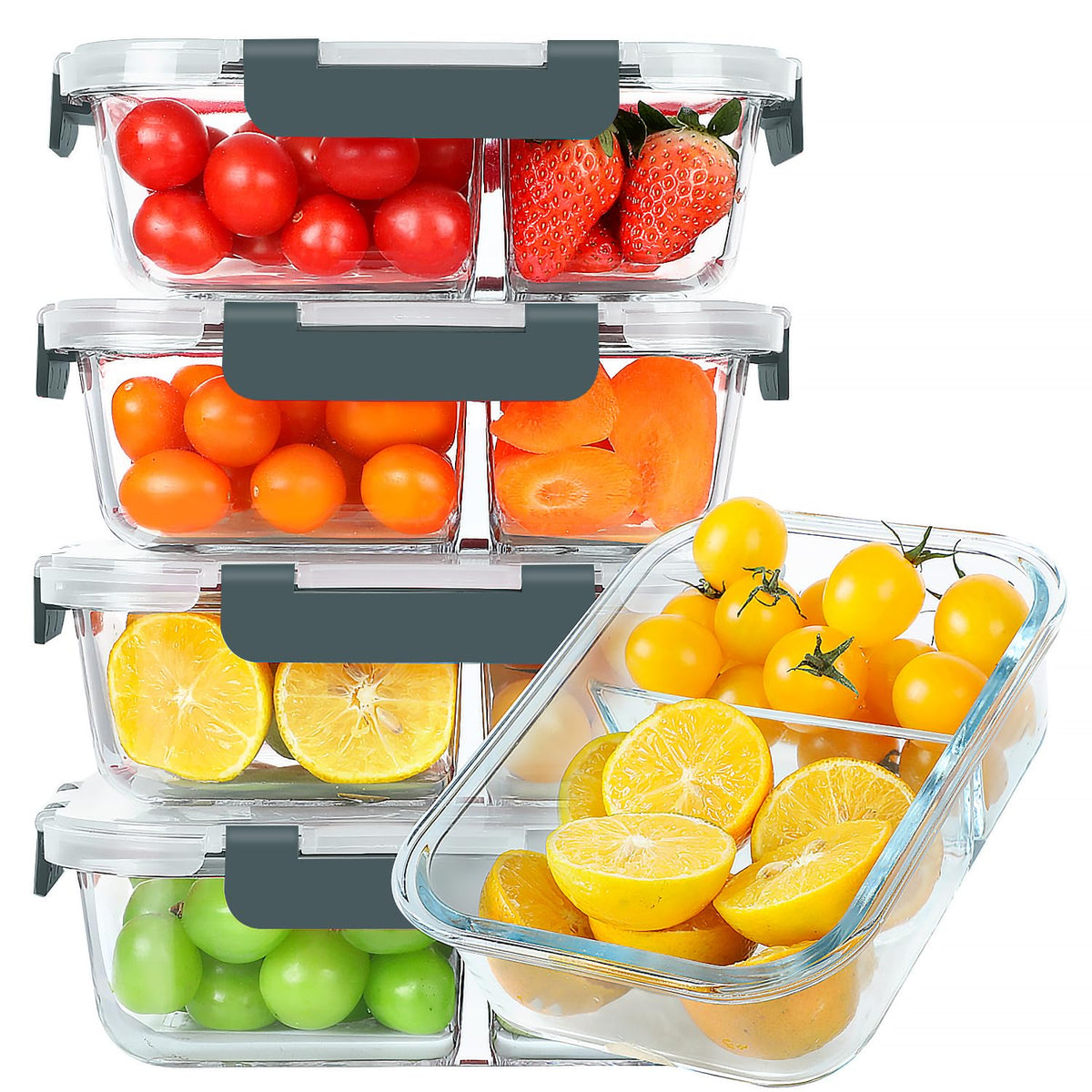 KOMUEE 30oz glass meal prep container with two compartments keeps portions organized for the week.