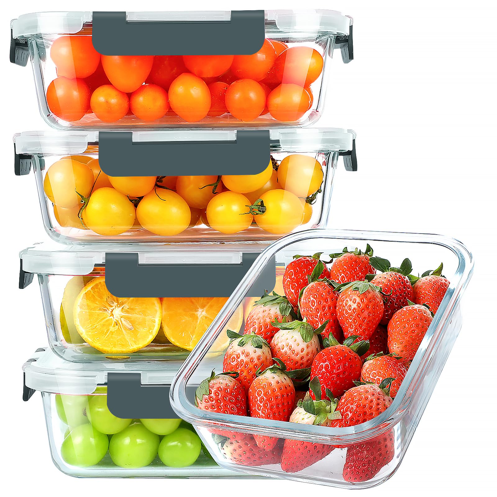 KOMUEE 30 oz glass meal prep containers in a five-pack for organized portions.