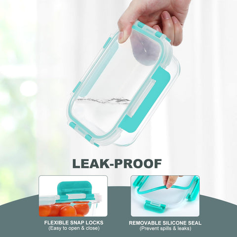 KOMUEE glass food storage with airtight lids showing leak-proof seal for leftovers