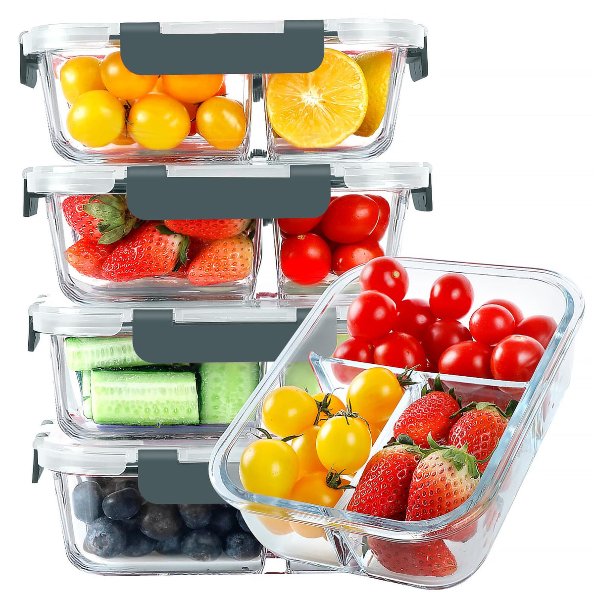 KOMUEE glass meal prep containers with three compartments for portion-controlled meals
