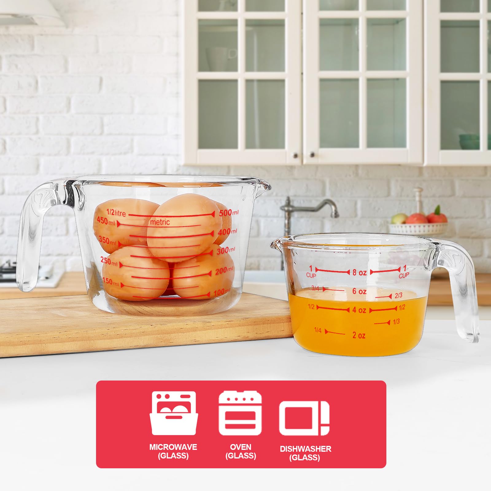 KOMUEE 1-cup glass measuring cup with lid for mess-free stirring.