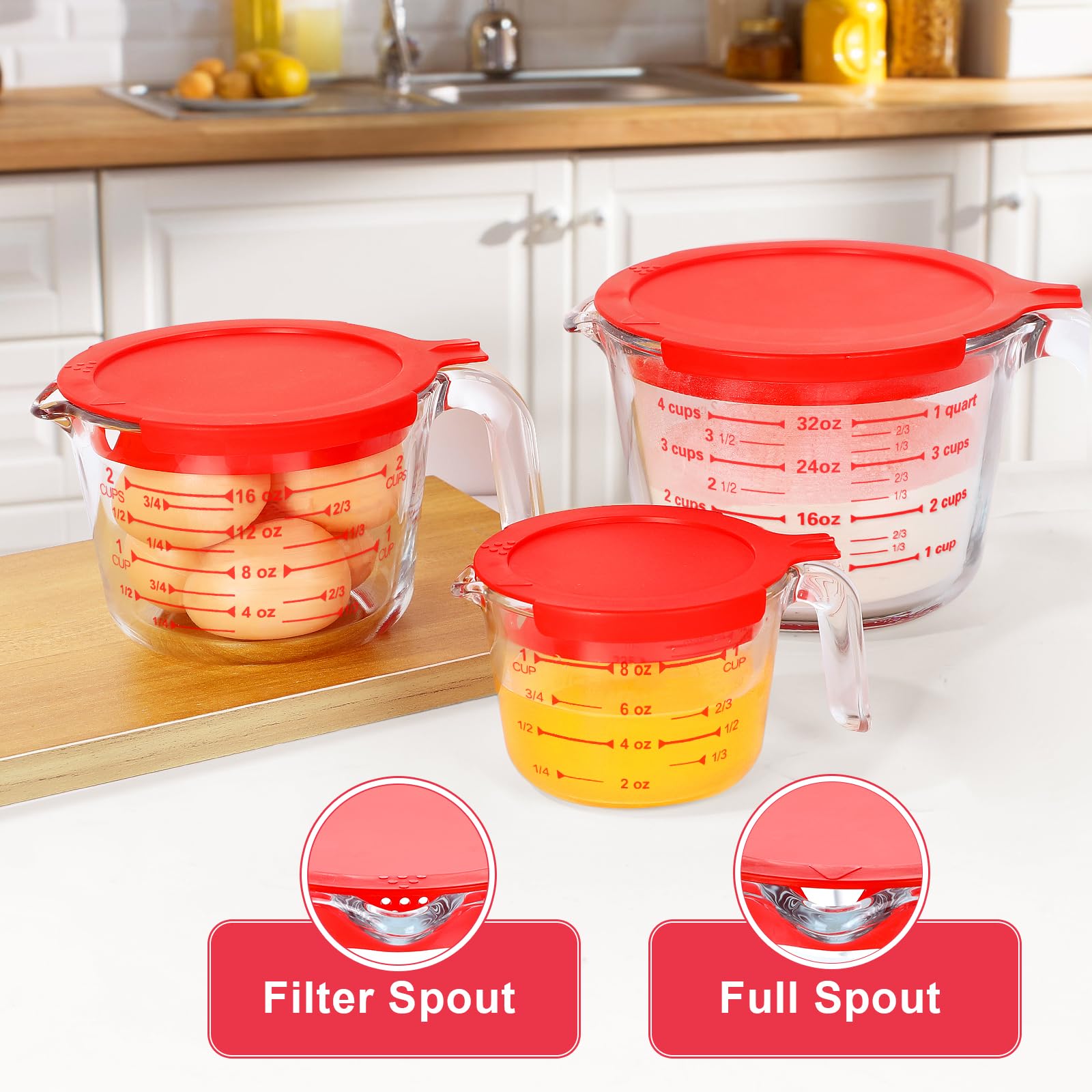 KOMUEE 4-cup glass measuring cup ready for freezing and microwaving.