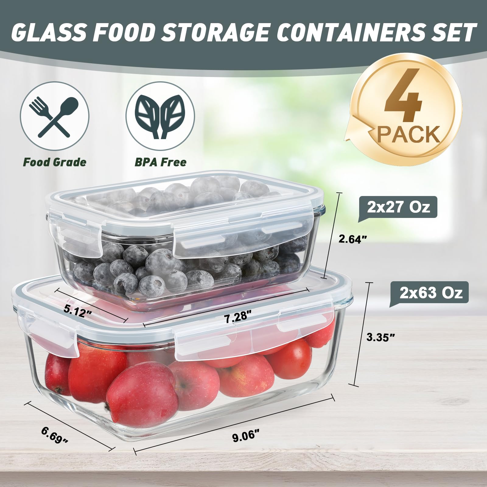 KOMUEE 27oz glass container for portion-sized meals and snacks