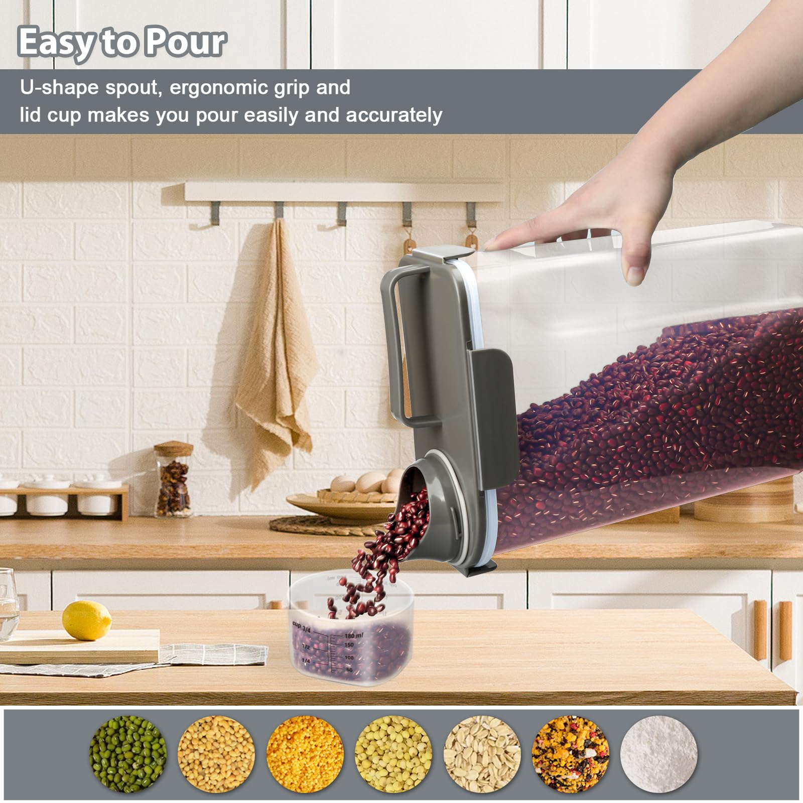 Komzon dry food container with pour spout and handle offers neat, spill-free serving.