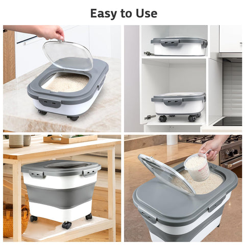 Komzon rice storage container with airtight lid to keep contents fresh.