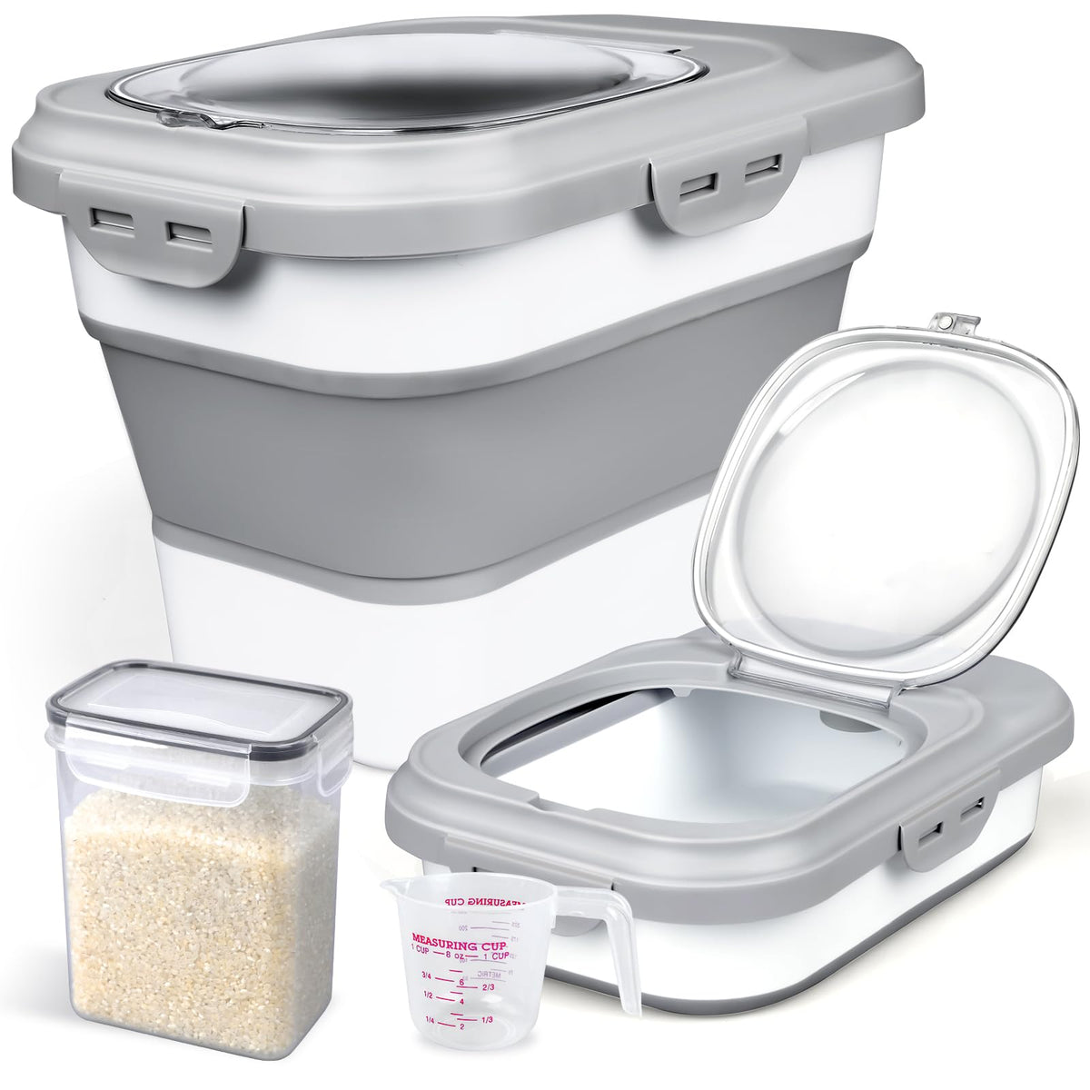 Komzon rice storage container in collapsible mode, optimizing fridge and shelf space.