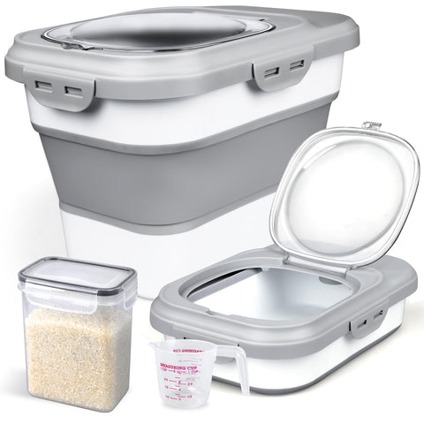 Komzon rice storage container in collapsible mode, optimizing fridge and shelf space.