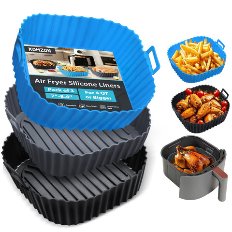 Komzon silicone air fryer liner square bottom shows size for 4 to 7 qt fryers.