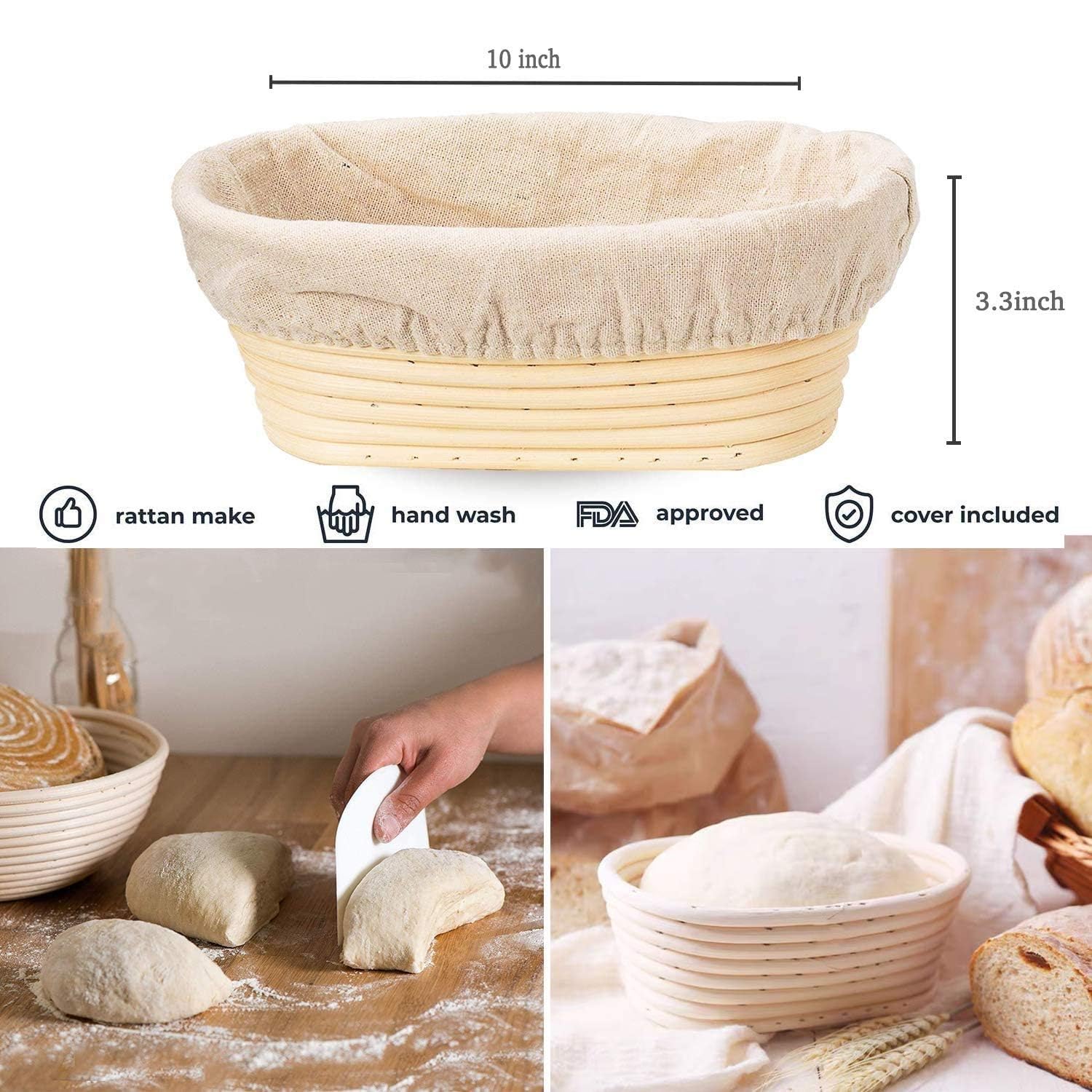 KONGDY natural rattan basket with linen liner for authentic sourdough proofing.
