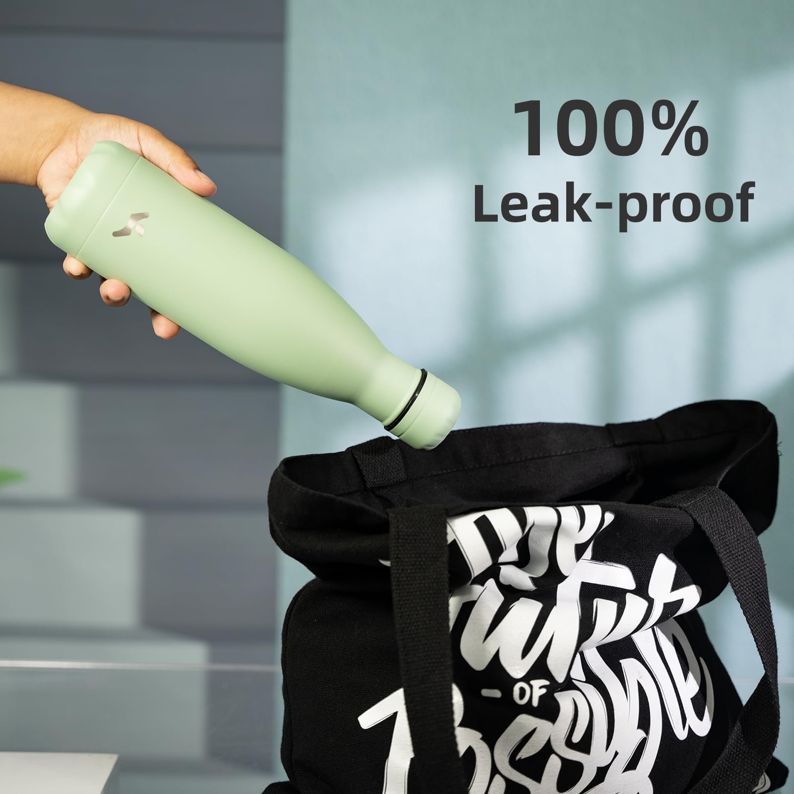 Konokyo macaron-green bottle in backpack pocket demonstrates easy daily hydration