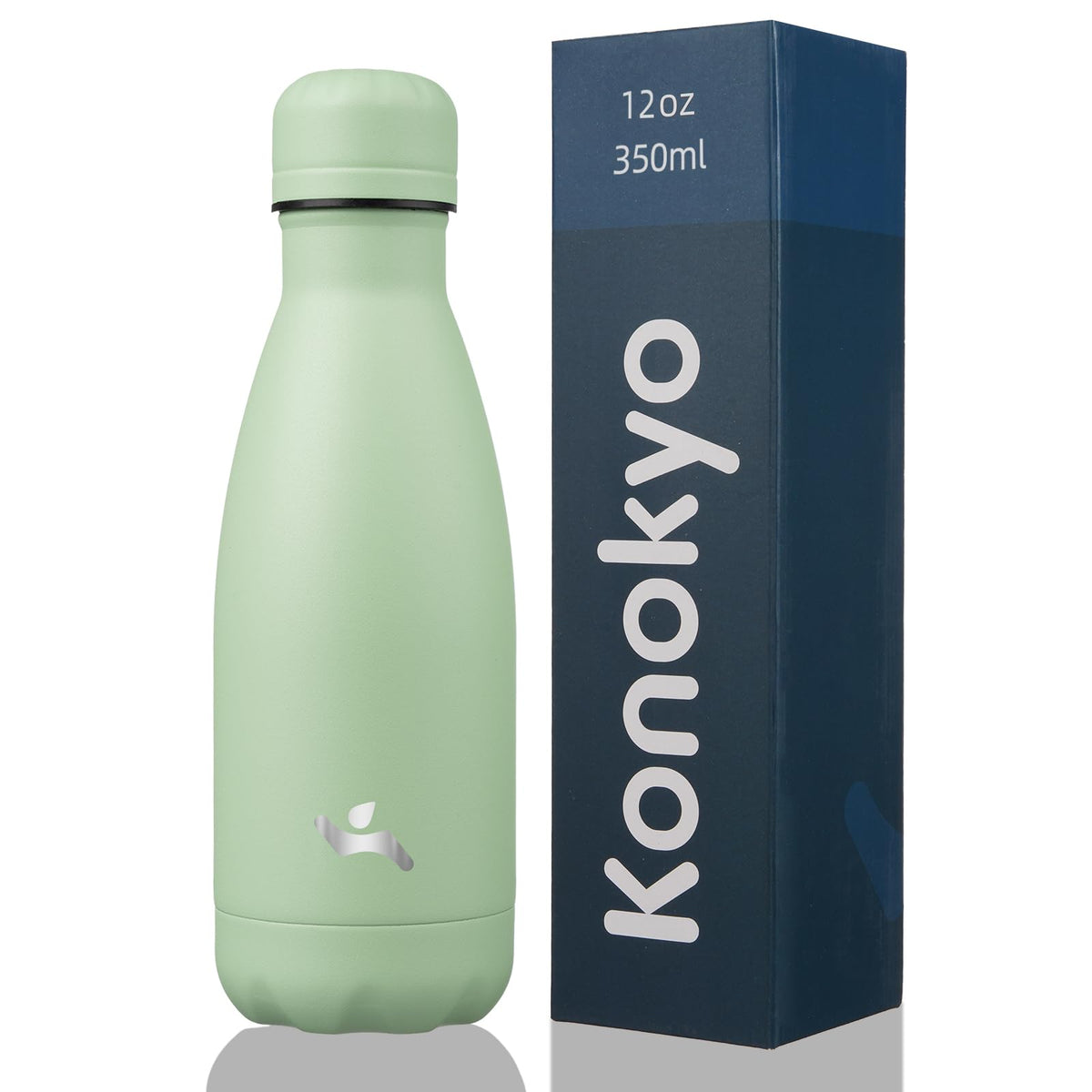 Konokyo 12oz water bottle macaron green front view keeps drinks cold on the go
