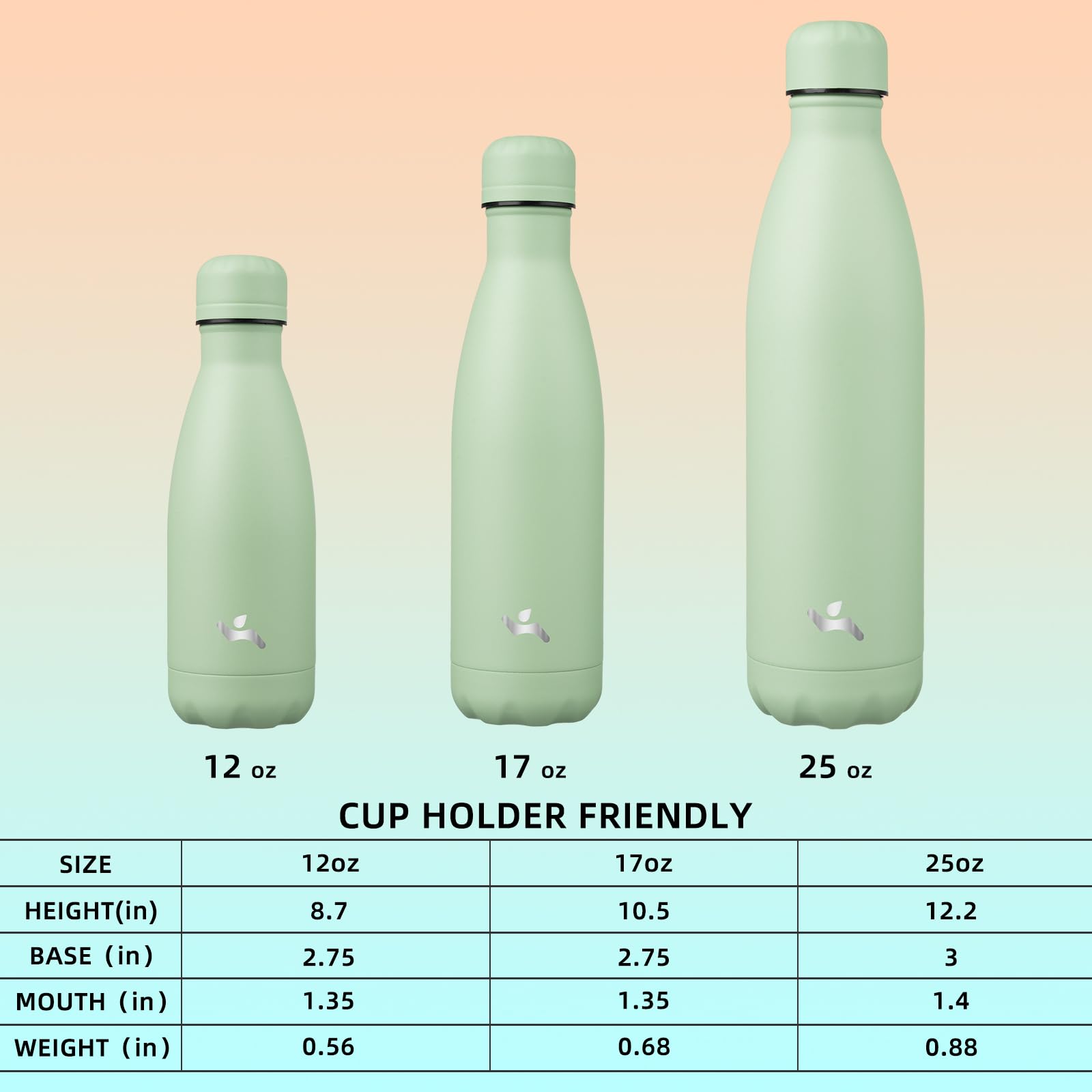 Konokyo 12oz macaron-green hiking use image emphasizes portable, cup-holder friendly size