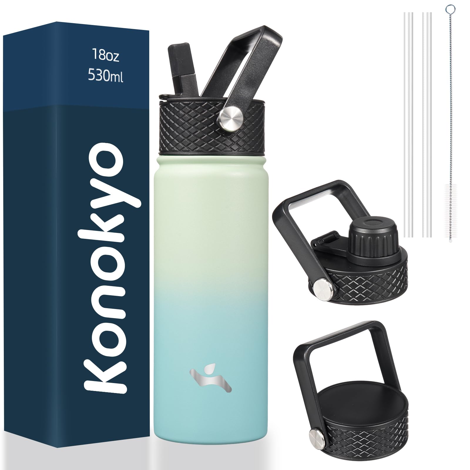 Konokyo 18oz insulated mint bottle with 3 lids keeps beverages at the right temperature on the go.