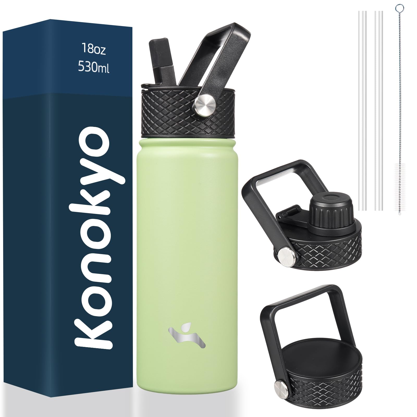 Konokyo 18oz insulated bottle front view highlights compact design and triple lid versatility.
