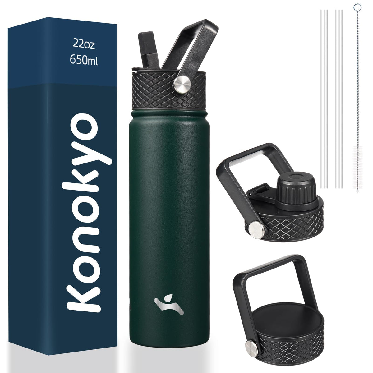 Konokyo 22oz army green bottle with three lids for versatile on-the-go hydration.
