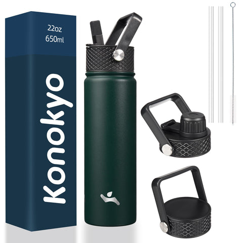 Konokyo 22oz army green bottle with three lids for versatile on-the-go hydration.
