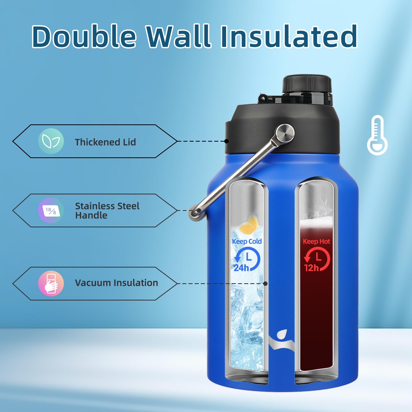 Konokyo 64oz bottle blue lid close-up, wide mouth clearly visible