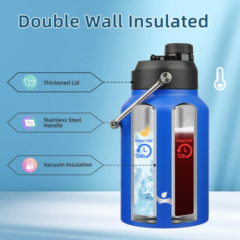 Konokyo 64oz bottle blue lid close-up, wide mouth clearly visible