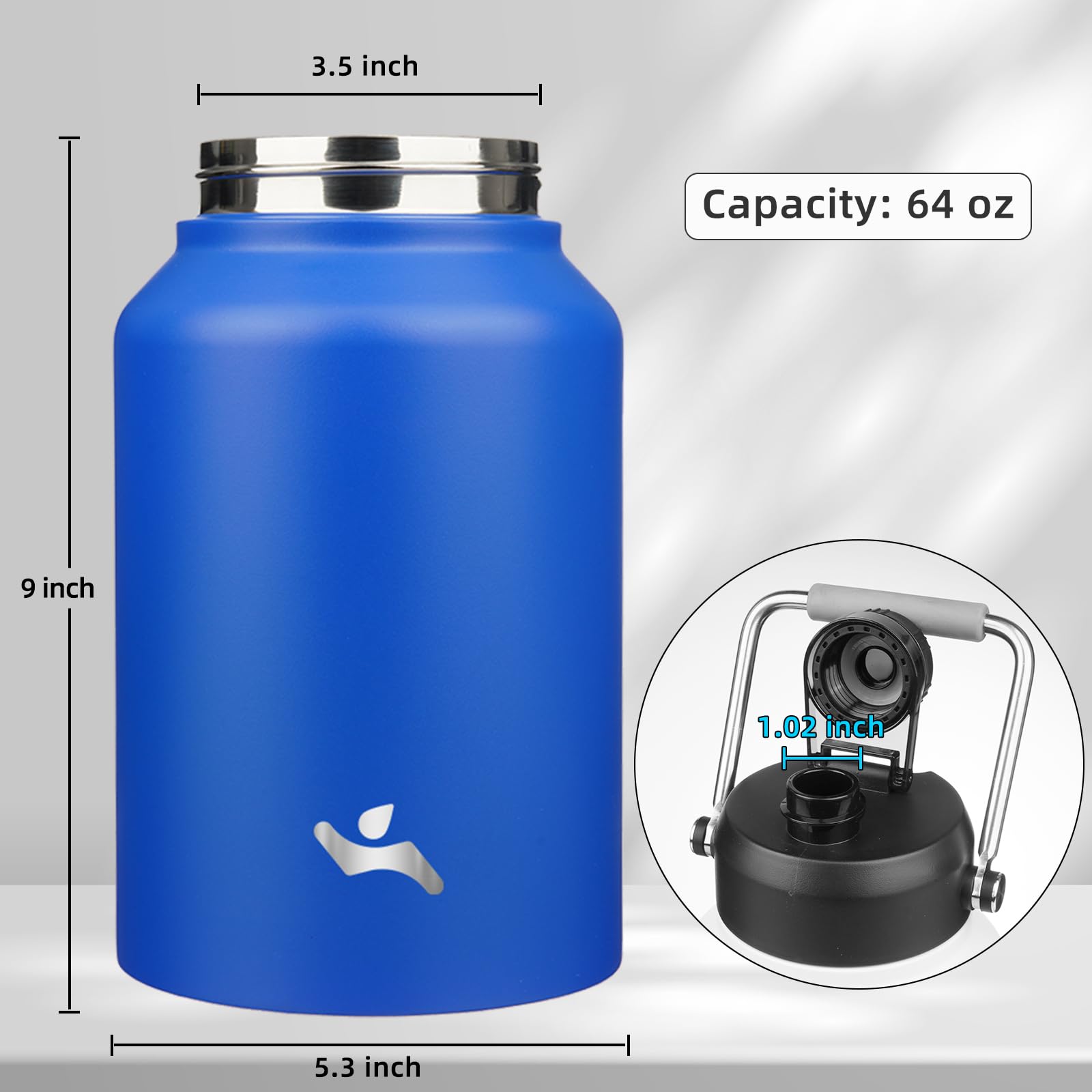Konokyo half-gallon bottle with blue handle, front view showing design and grip