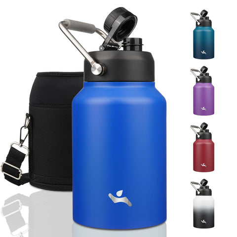 Konokyo half-gallon bottle with blue handle, side view highlighting portability and sturdy build