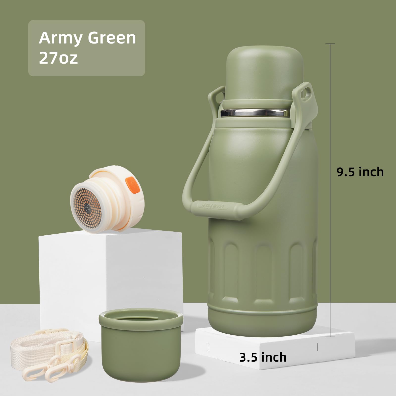 Konokyo army green bottle with adjustable strap for hands-free transport.