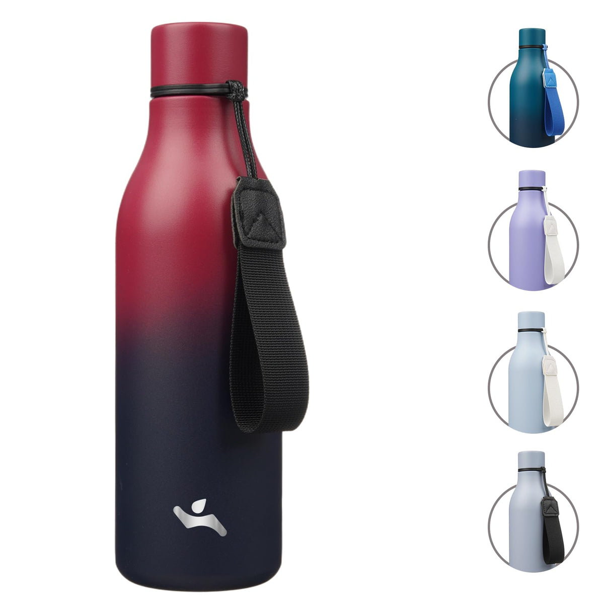 Konokyo insulated water bottle with strap in rosy red, on-the-go hydration.